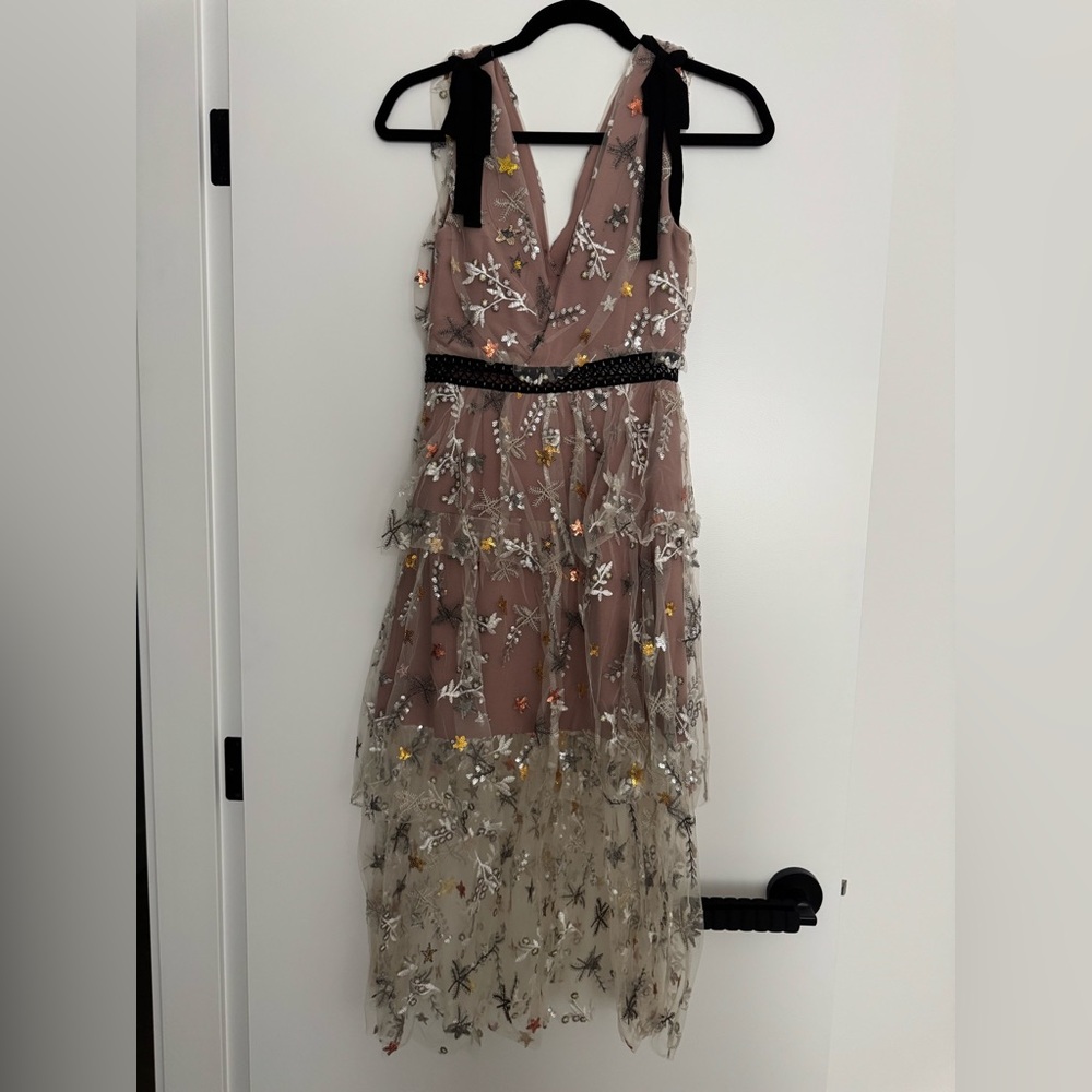 Self-Portrait Nude Tulle Midi Dress with Silver Floral Embroidery - Picture 3 of 7